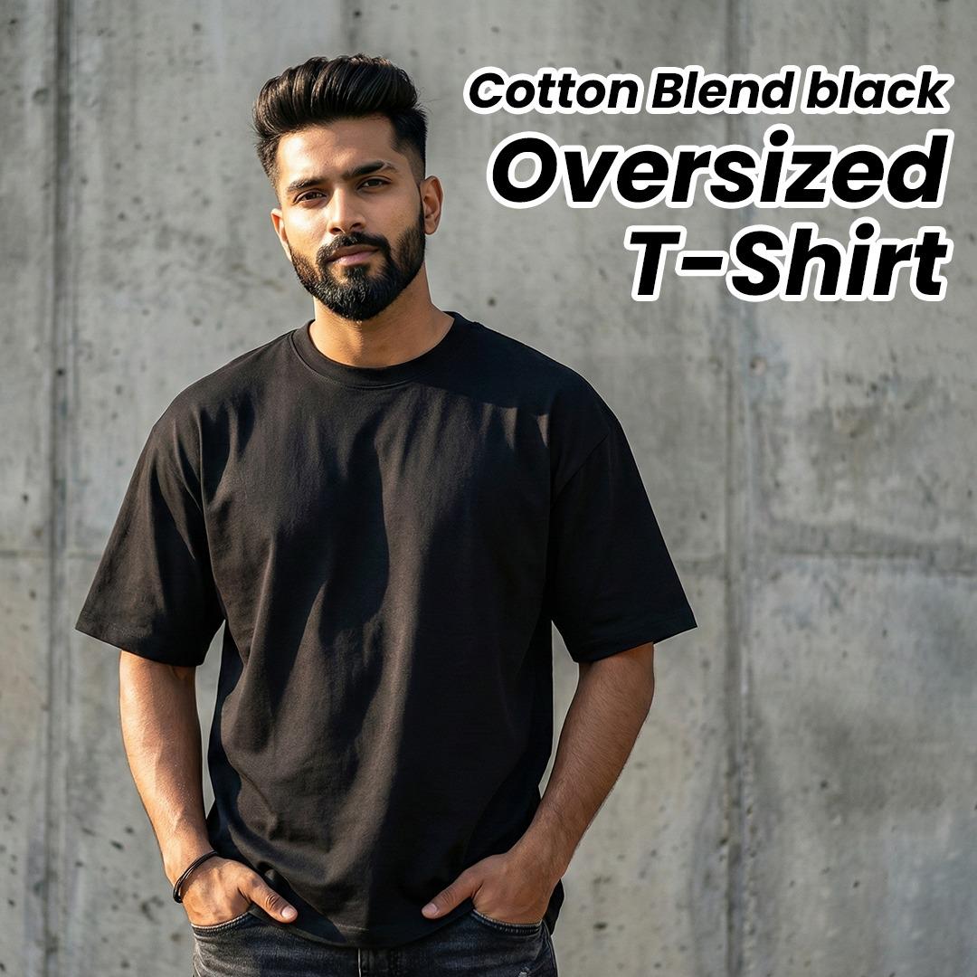 Cotton Blend Plain Black Oversized T-Shirts