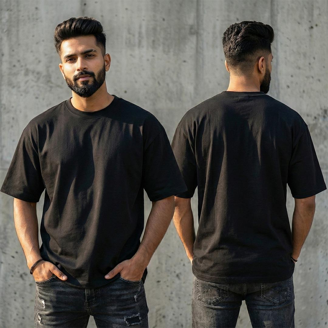 Cotton Blend Plain Black Oversized T-Shirts