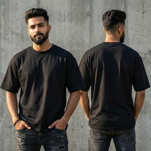 Cotton Blend Plain Black Oversized T-Shirts