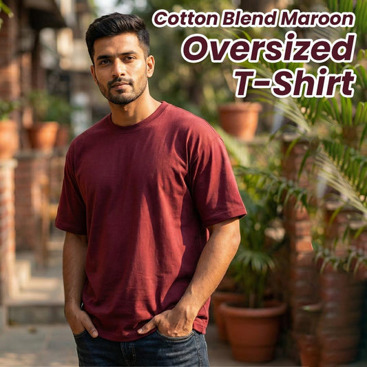 Cotton Blend Plain Maroon Oversized T-Shirts
