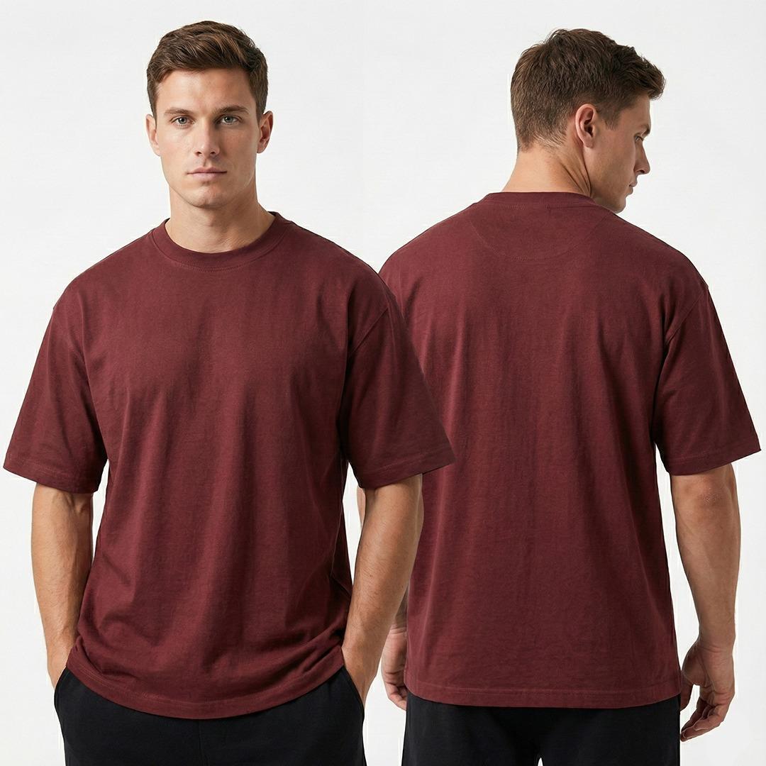Cotton Blend Plain Maroon Oversized T-Shirts