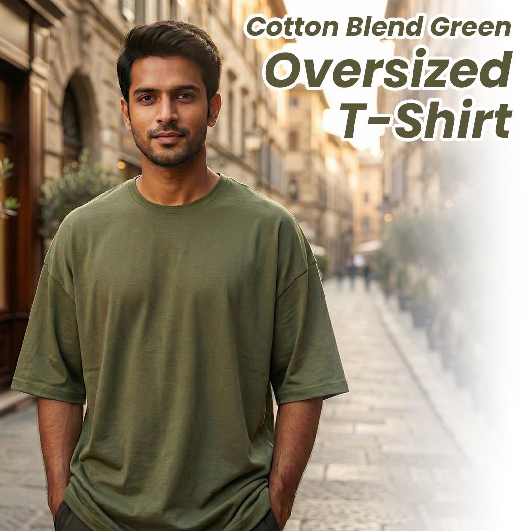 Cotton Blend Plain Olive Green Oversized T-Shirts
