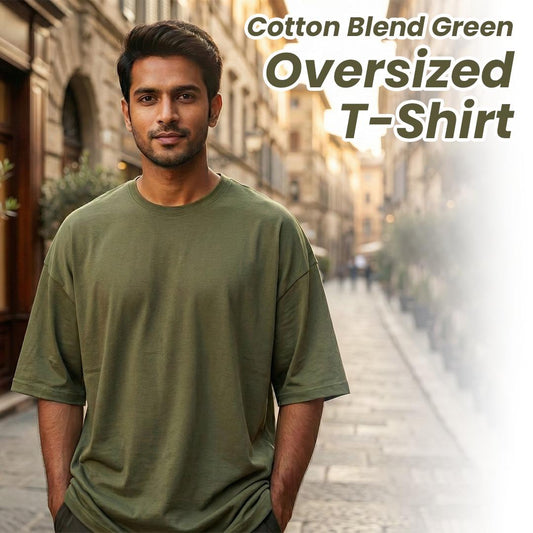 Cotton Blend Plain Olive Green Oversized T-Shirts