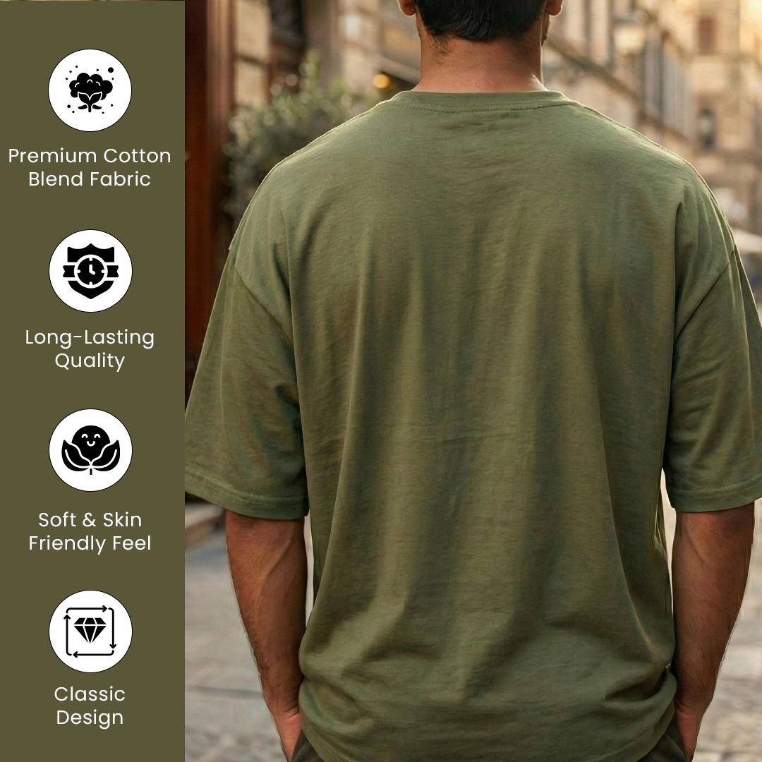 Cotton Blend Plain Olive Green Oversized T-Shirts