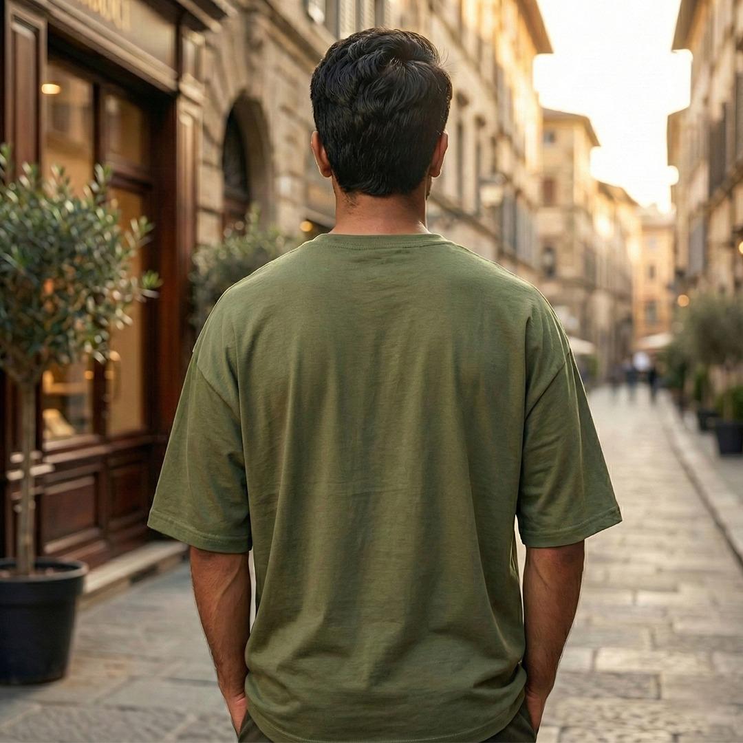 Cotton Blend Plain Olive Green Oversized T-Shirts