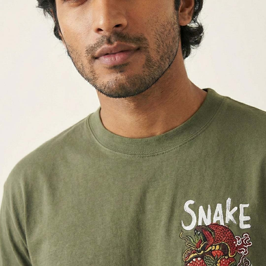Olive Green Snake Print Oversized T-Shirt