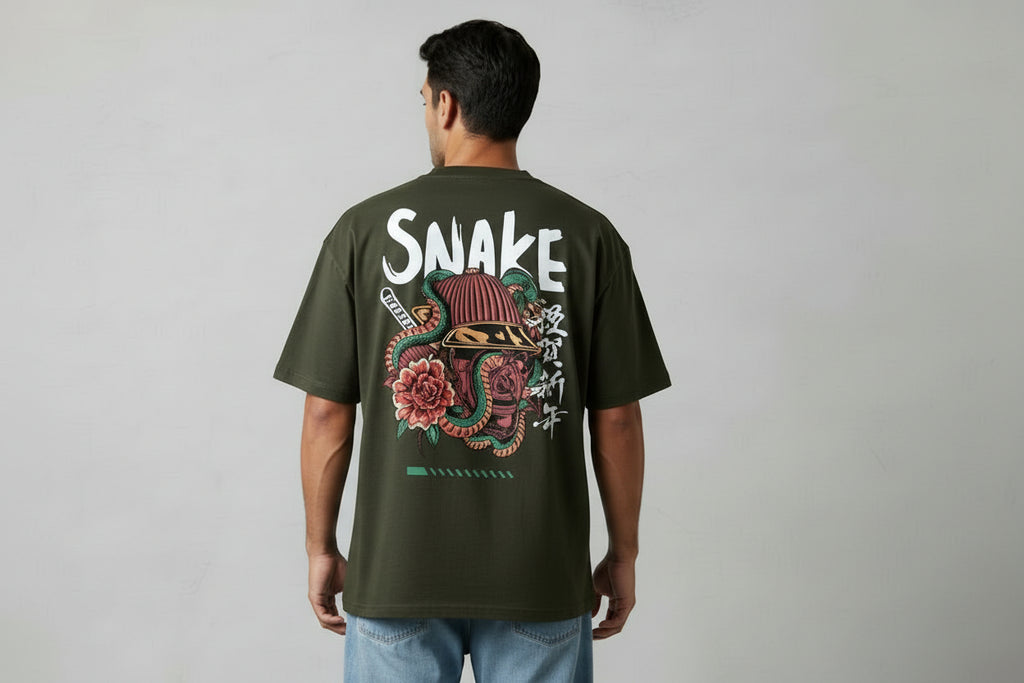 Olive Green Snake Print Oversized T-Shirt